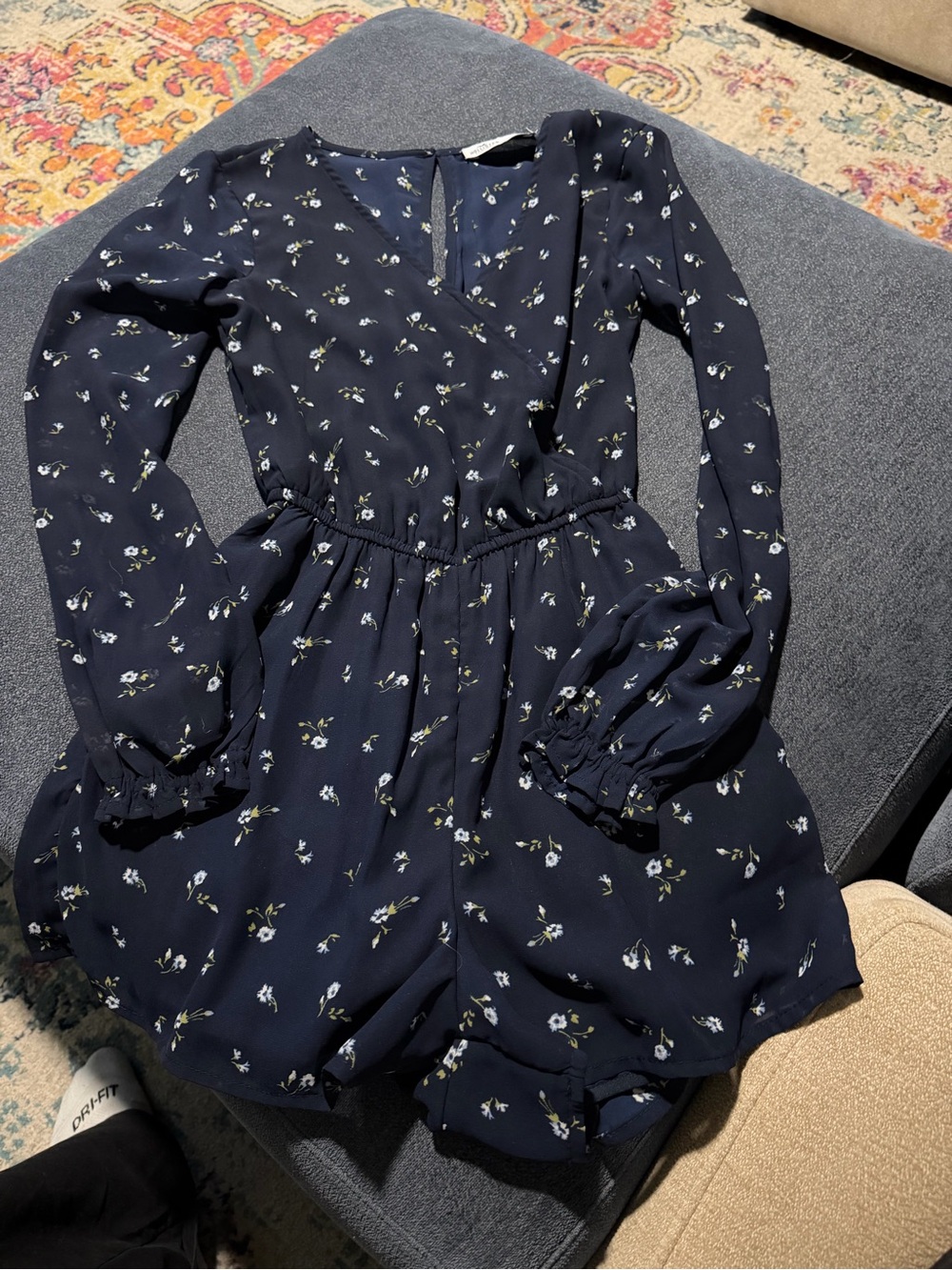 Hollister Navy Blue Floral Long Sleeve Romper - XS
